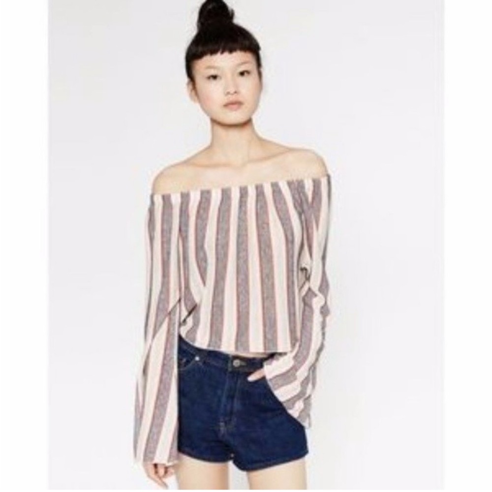 Zara Striped Knit Bell Sleeve Off the Shoulder Blouse